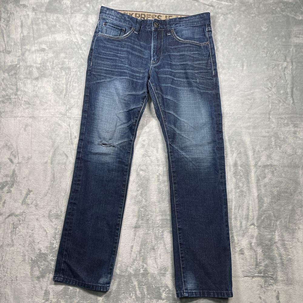 EXPRESS JEANS Mens‎ Slim Fit Dark Wash Distressed Denim Jeans Size 32x32